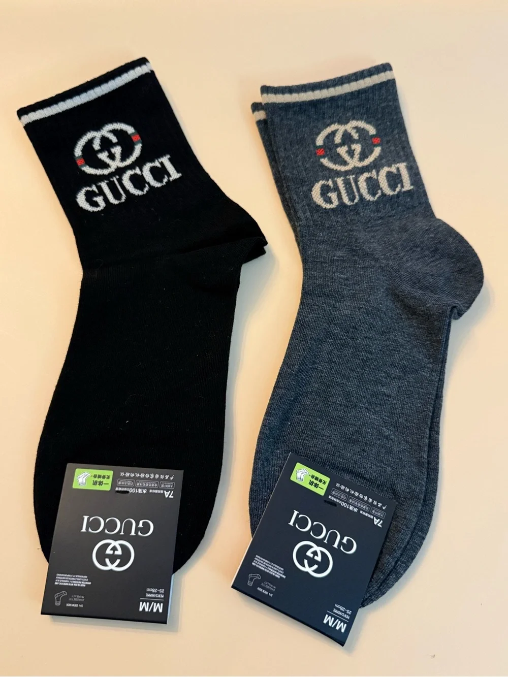 TWO pairs G G luxury crew-length socks medium black and dark grey unisex NEW